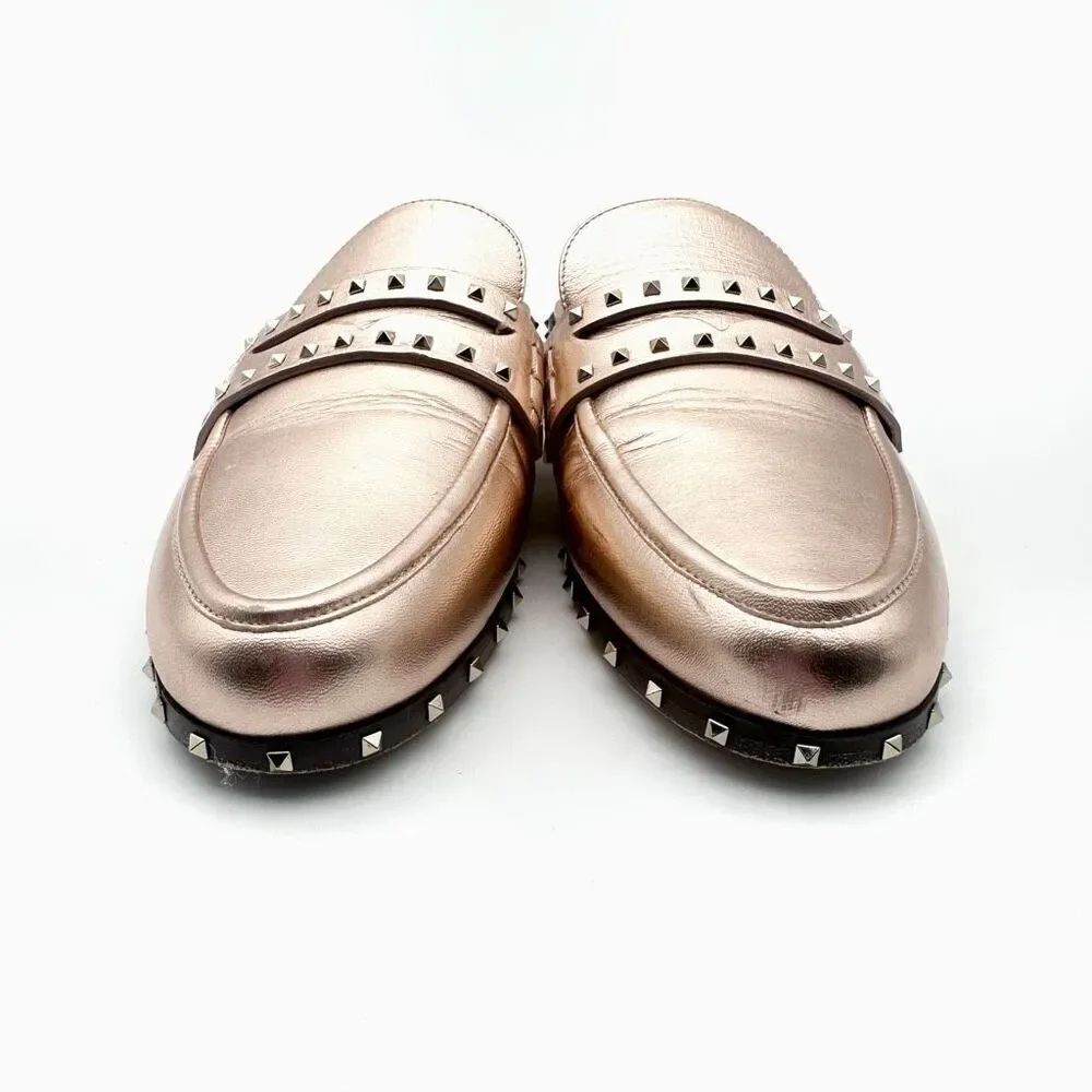 VALENTINO Metallic Rose Gold Soul Rockstud Mules Loafers Size 37 US 7 Micro Stud - Picture 5 of 11